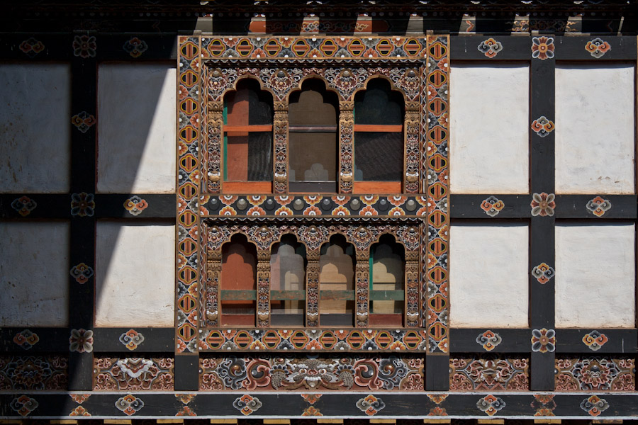 The painted window frames of the Trongsa Dzong